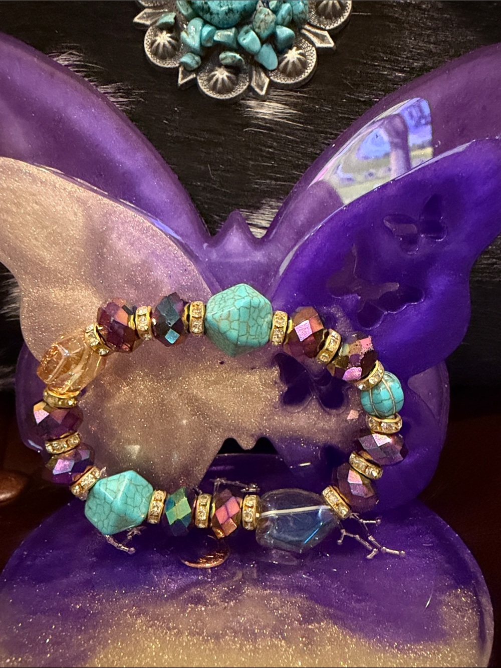 Turquoise & Purple Beaded Stretch Bracelet Set -Unbranded